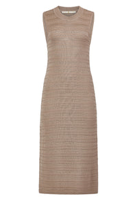 Body skimming sleeveless dress with a knit feel and soft earthy hues 