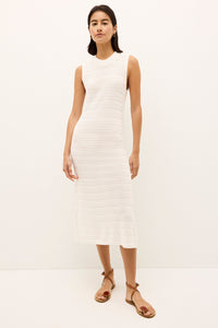 Knit look sleeveless dress in crisp white with a streamlined body skimming shape