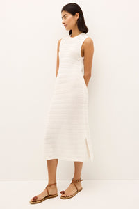 Classic white midi dress with subtle horizontal stripes and clean, modern lines
