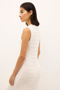 Textured sleeveless dress in white with a high crew neck and straight silhouette
