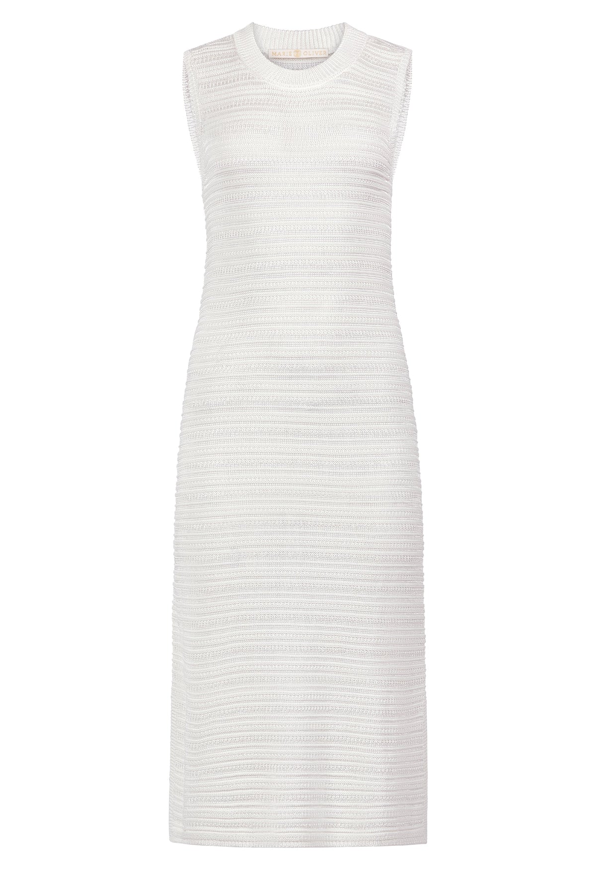 Structured white dress with tonal ribbing and form fitting sleeveless cut