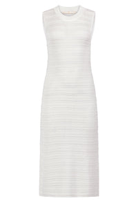 Structured white dress with tonal ribbing and form fitting sleeveless cut