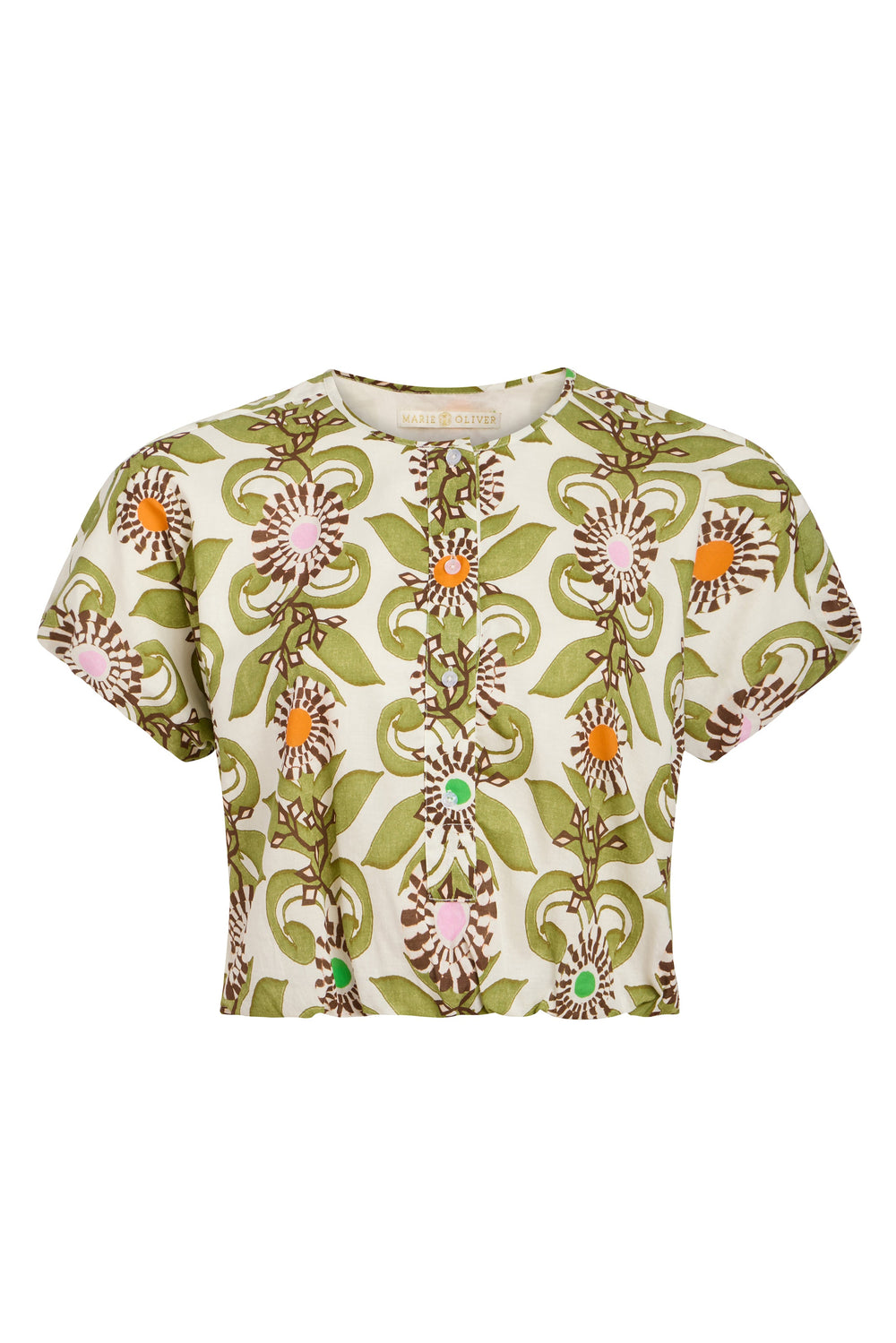 Front view of Jaylen Top in Jardin showcasing cropped cotton shape, bubble hem, center-front buttons, and green floral print