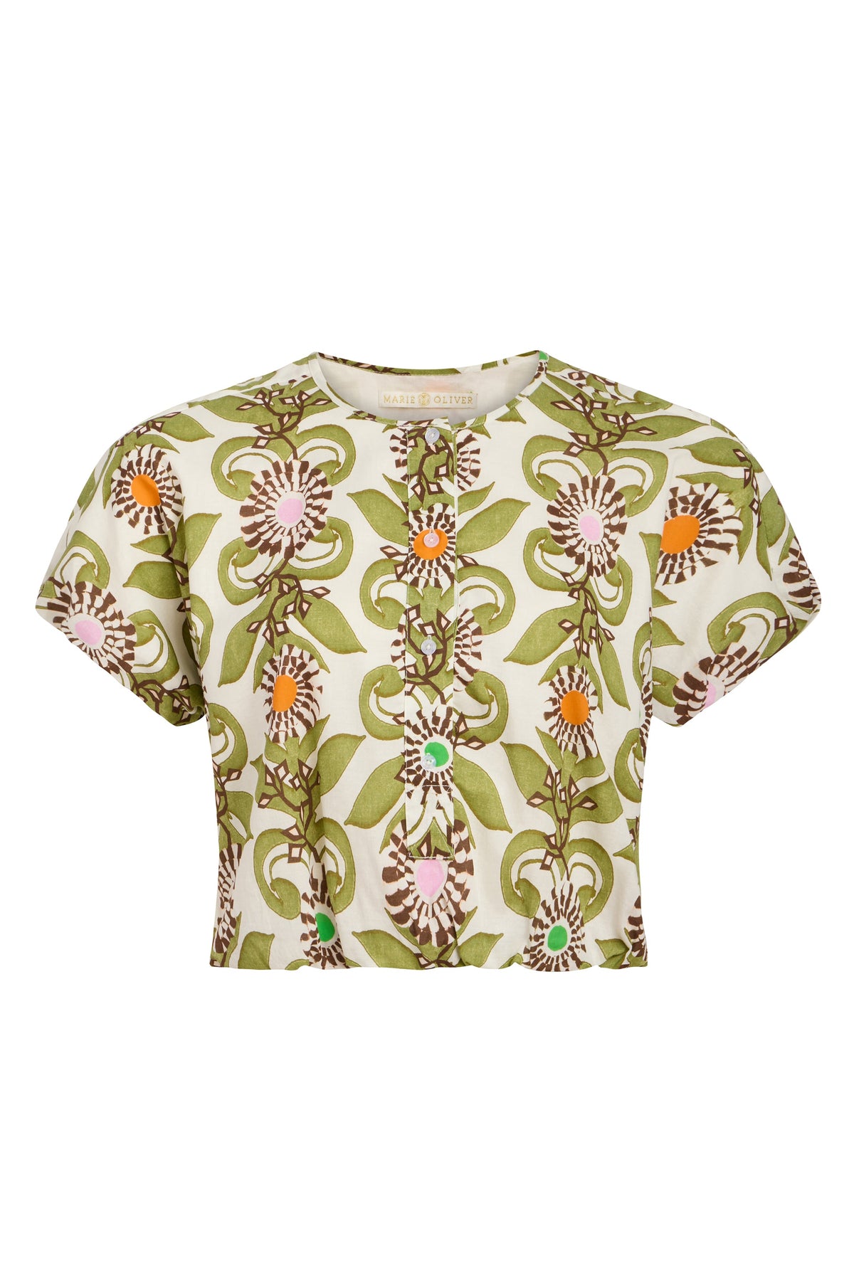 Front view of Jaylen Top in Jardin showcasing cropped cotton shape, bubble hem, center-front buttons, and green floral print