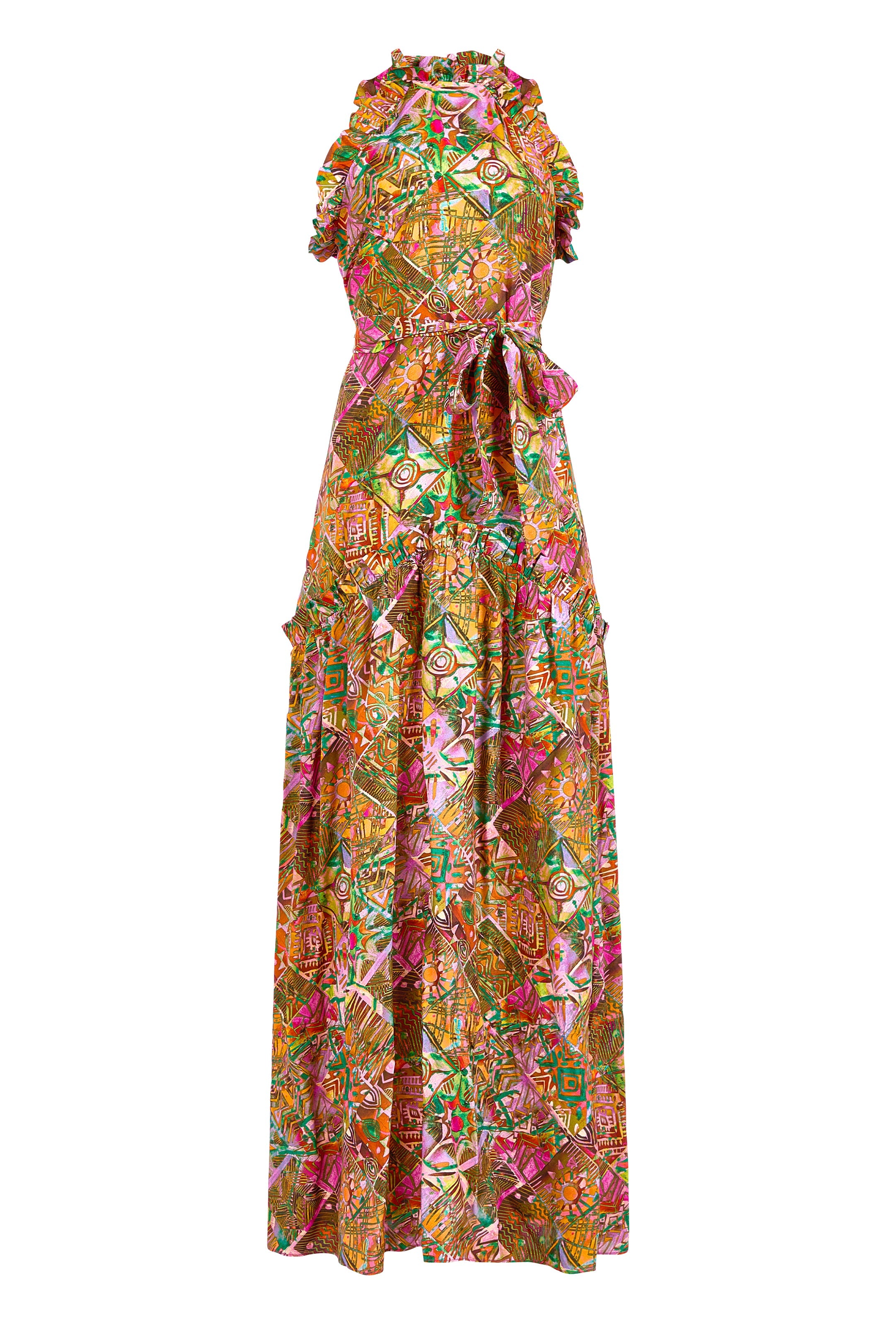 Tropical themed dress with a cinched waist and voluminous breezy skirt 