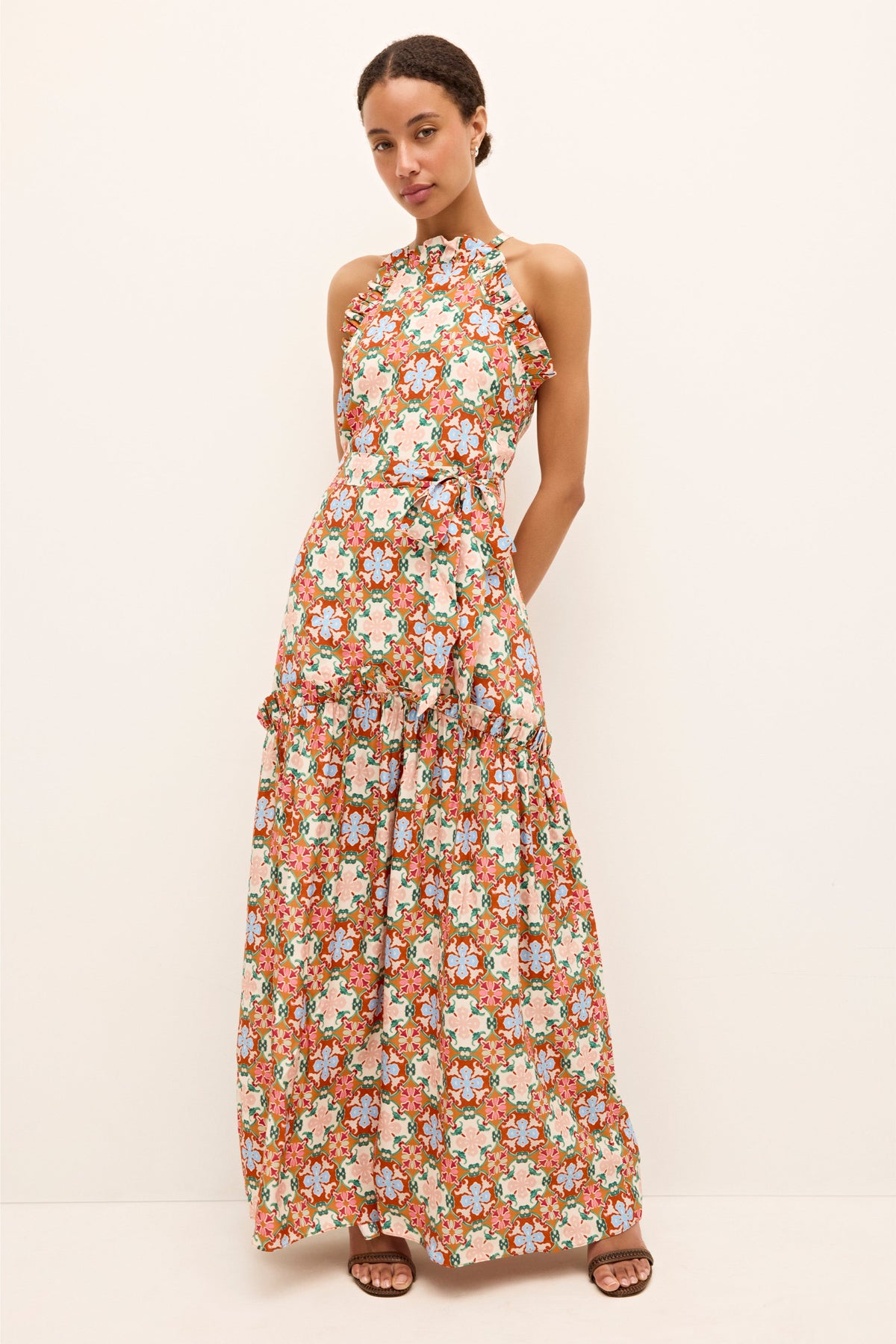 Ruffled high neck dress featuring a bold all over vintage inspired pattern