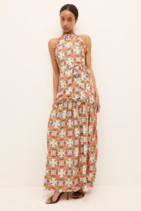 Flowy summer dress with statement print and gathered ruffle accents