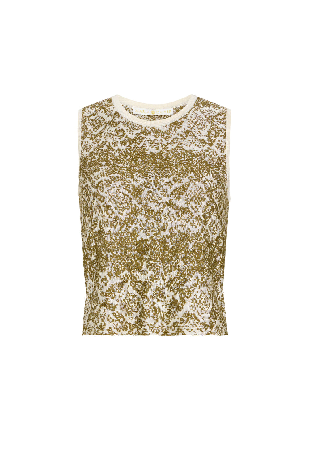 Front view of Marie Oliver Kim Top in Viper showcasing its sleeveless cropped shape, snakeskin knit motif, and cream trim on white