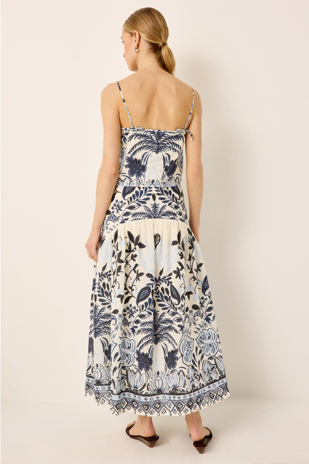 Empire waist blue and white tropical midi skirt