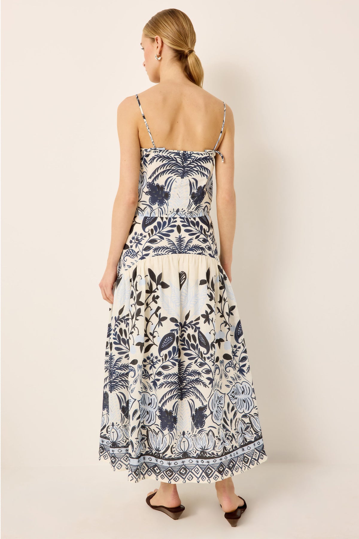 Empire waist blue and white tropical midi skirt