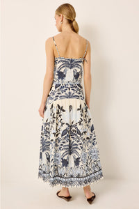 Empire waist blue and white tropical midi skirt