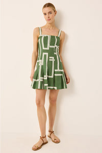 Pleated green and white abstract printed mini dress