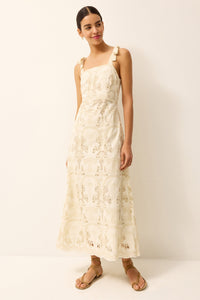 White embroidered midi dress with adjustable tie straps