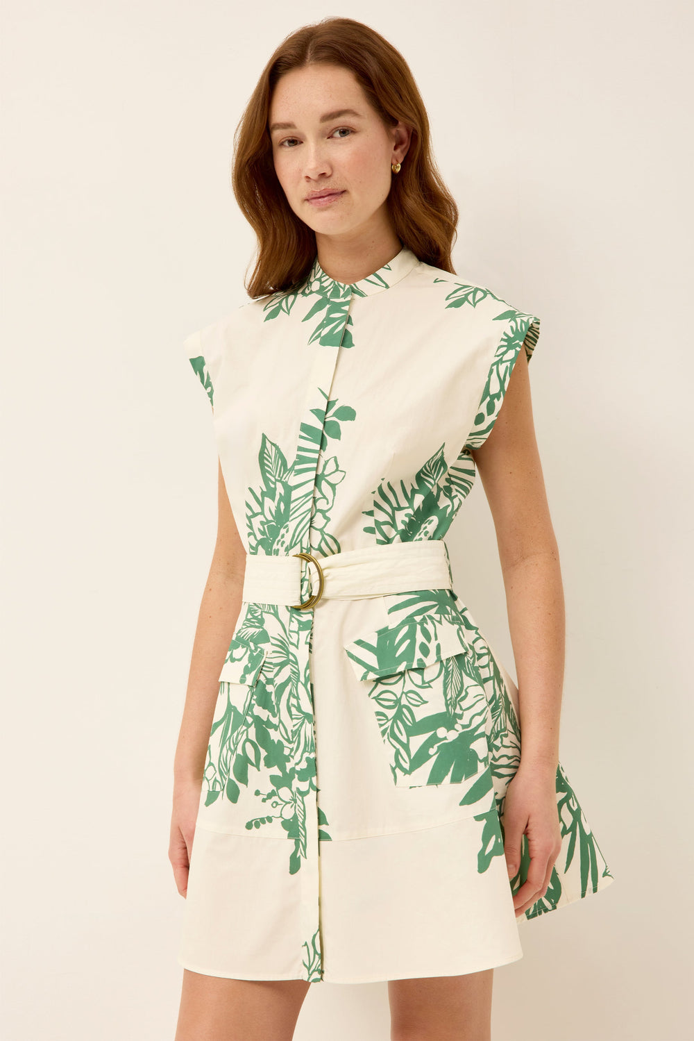 Belted green and white floral mini dress