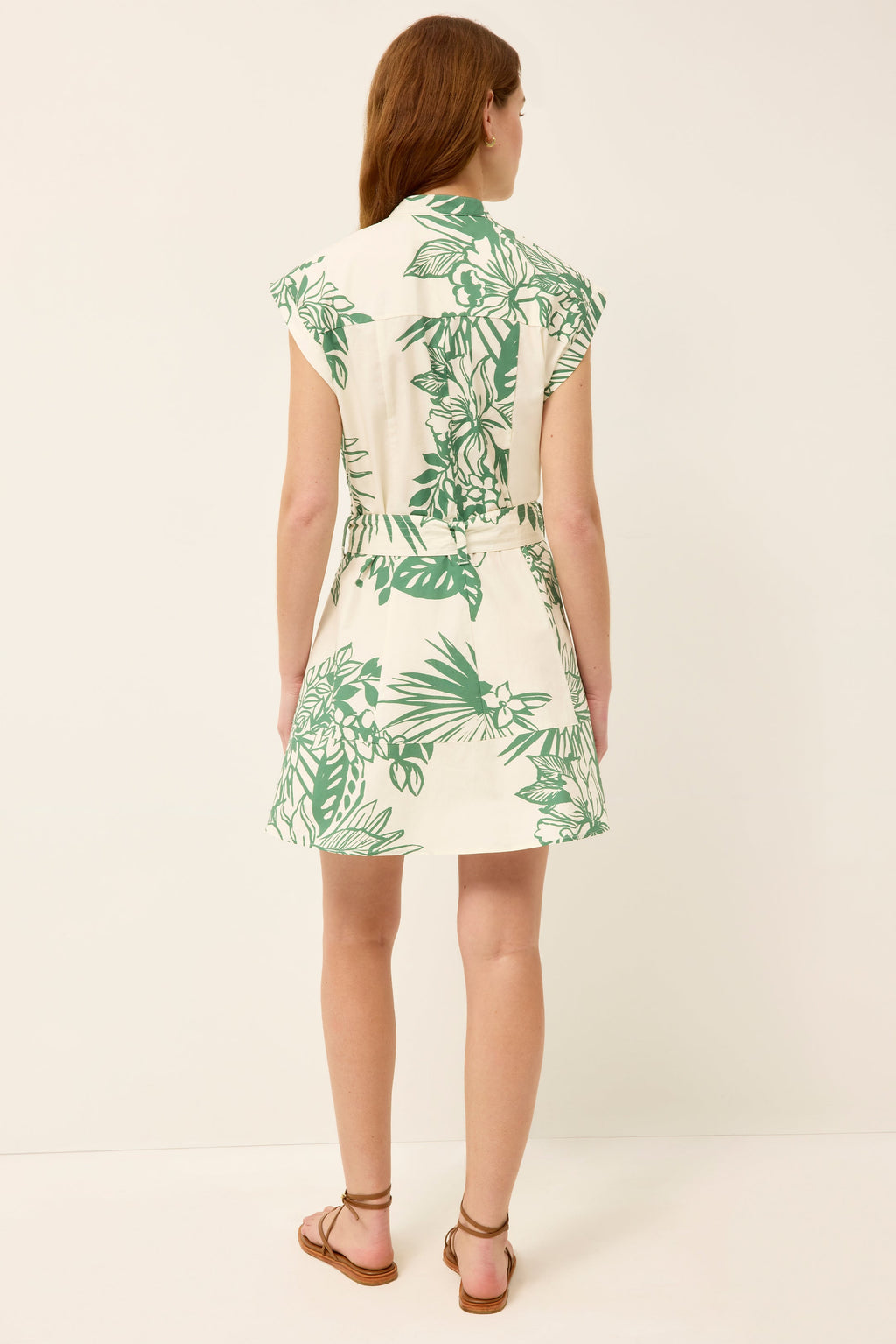 Flap patch pocket green and white floral mini dress