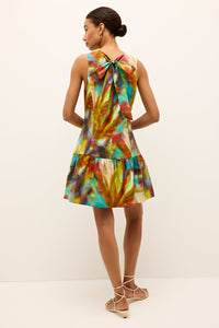 Modern mini dress with artistic color pattern and clean, sleeveless design