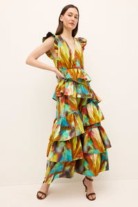 Statement tiered dress in bold, abstract multicolor print with a cinched waist 