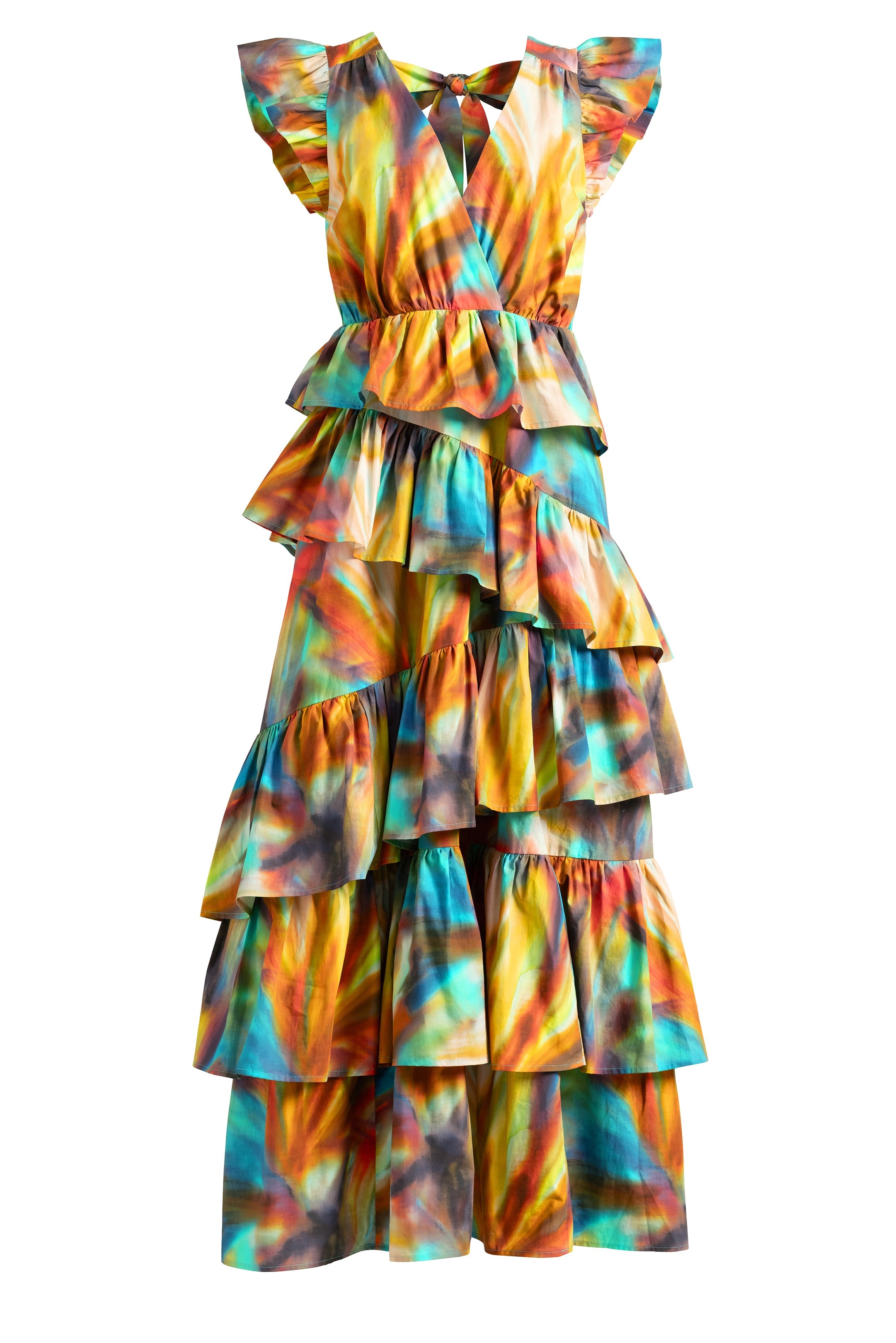 Art inspired dress with cascading ruffles and a fitted bodice in vivid hues 