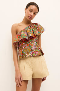 One shoulder top with vibrant tribal inspired print and ruffled neckline 