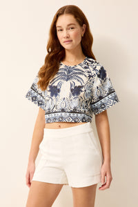 Cropped blue and white floral printed top