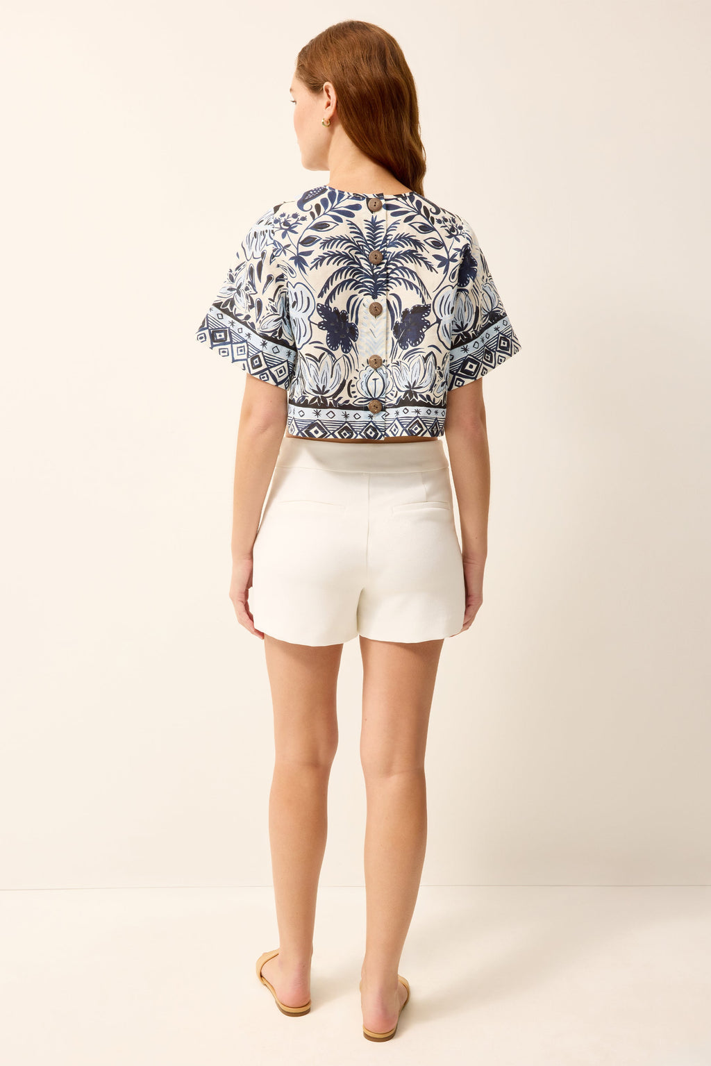 Short Sleeve blue and white floral printed cropped top