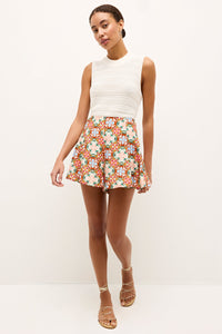 Soft, lightweight shorts in red, green,  pink, and blue ornamental pattern