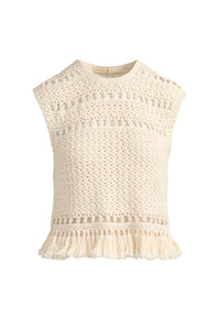 Handcrafted cream top with open stitch rows and a fringed waistline