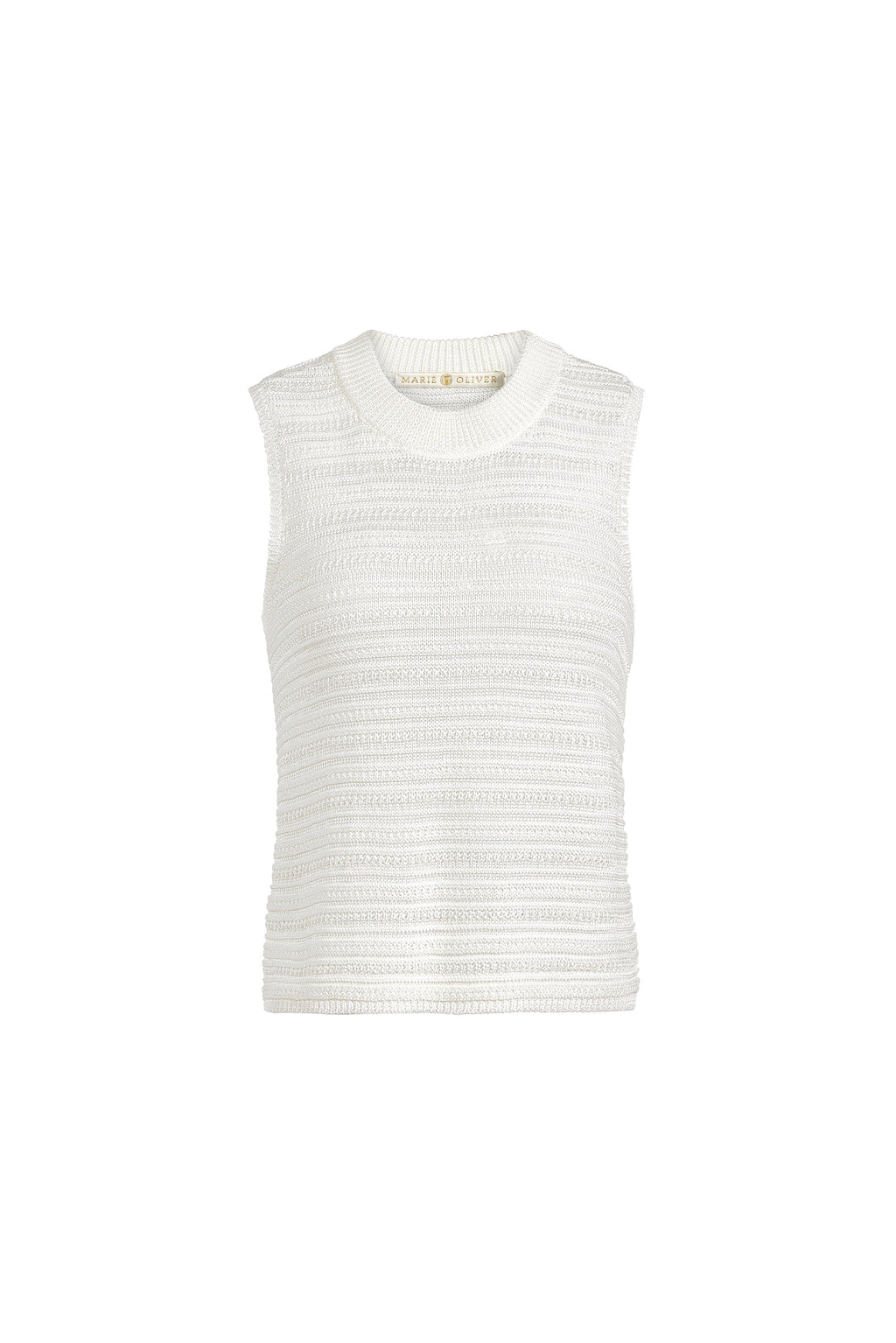 Lightweight ribbed sleeveless sweater top in off-white with a clean, modern cut 