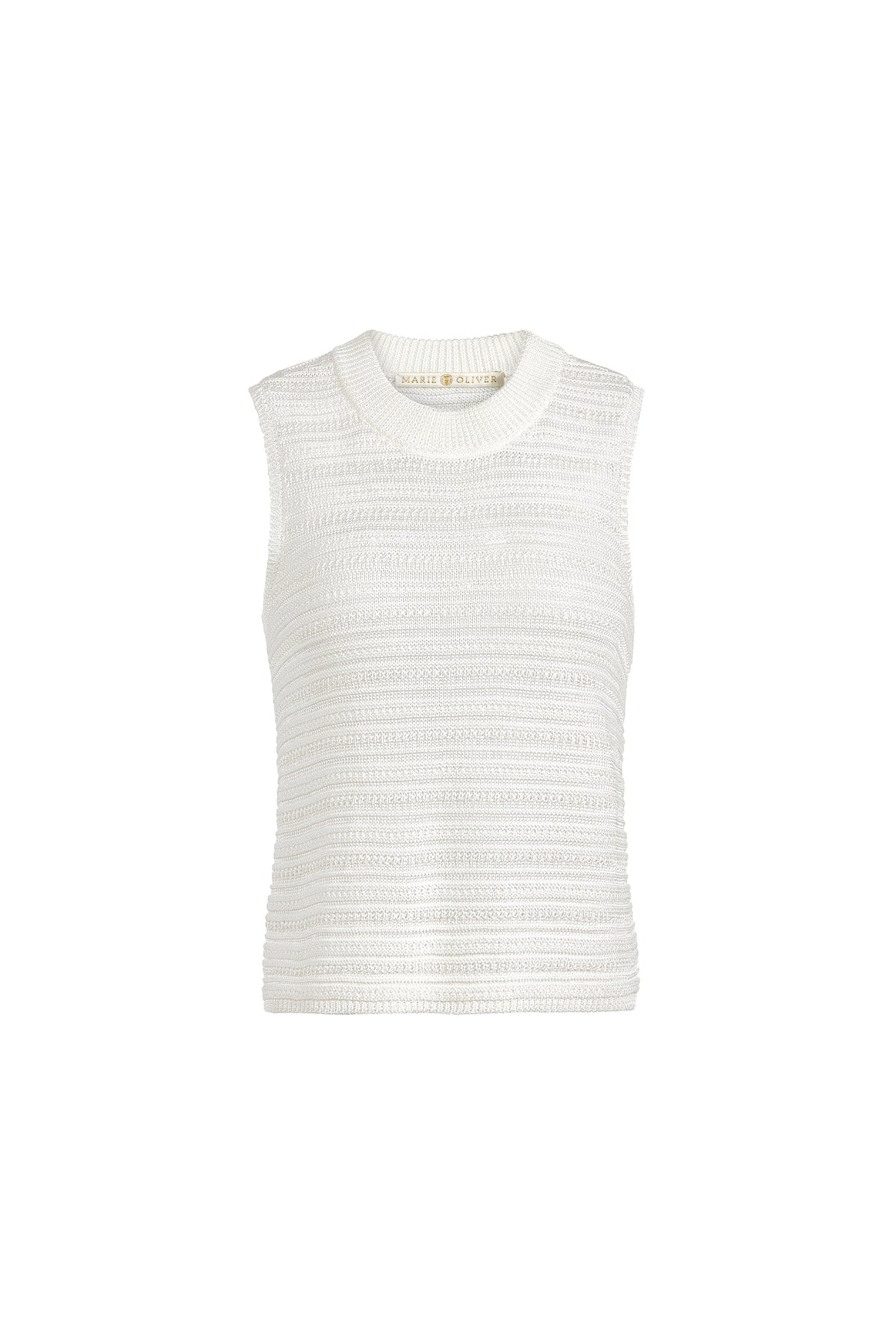 Lightweight ribbed sleeveless sweater top in off-white with a clean, modern cut 