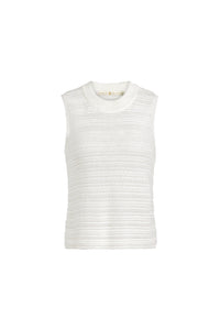Lightweight ribbed sleeveless sweater top in off-white with a clean, modern cut 