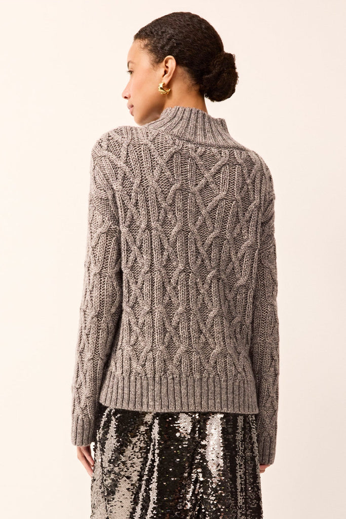 Gray cable-knit sweater with long sleeves, a mock neck, and subtle silver metallic threads woven throughout.
