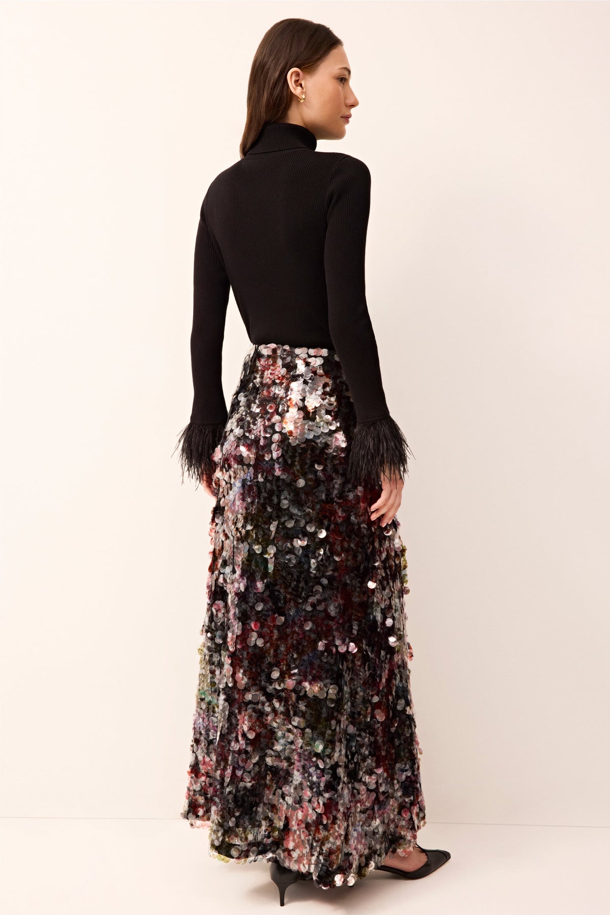 Disc sequin straight maxi skirt