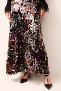 Sequin maxi skirt in a striking red-and-black blend.