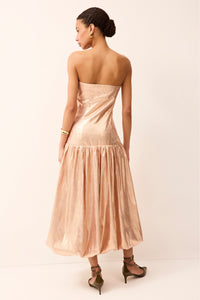 Rose gold sleeveless midi dress with a fitted, boned bodice and a drop waist