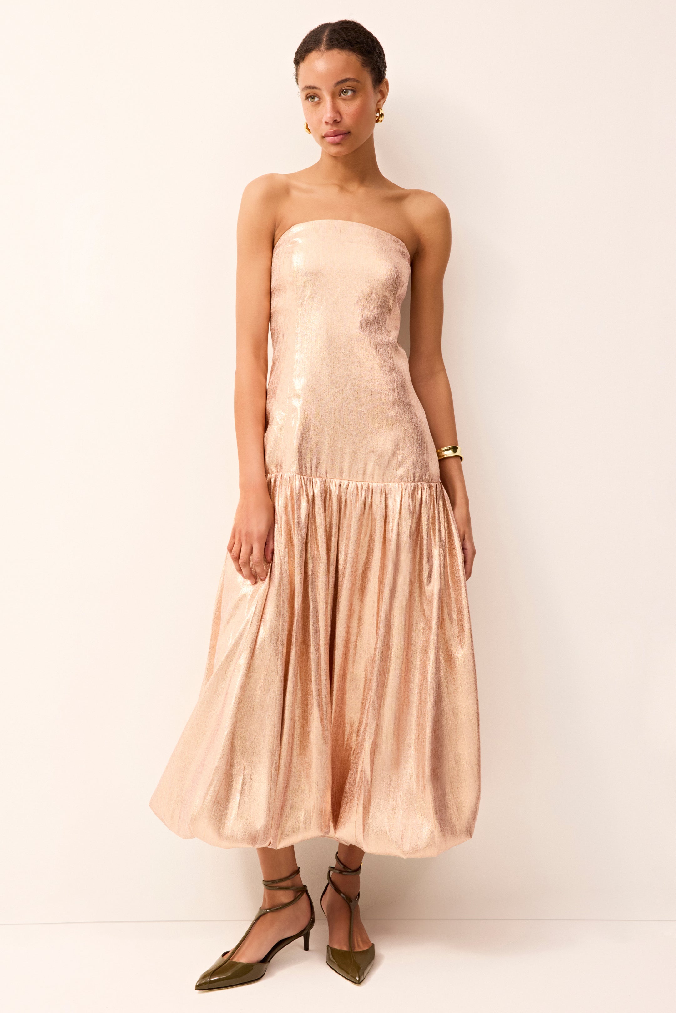 Rose gold strapless midi dress
