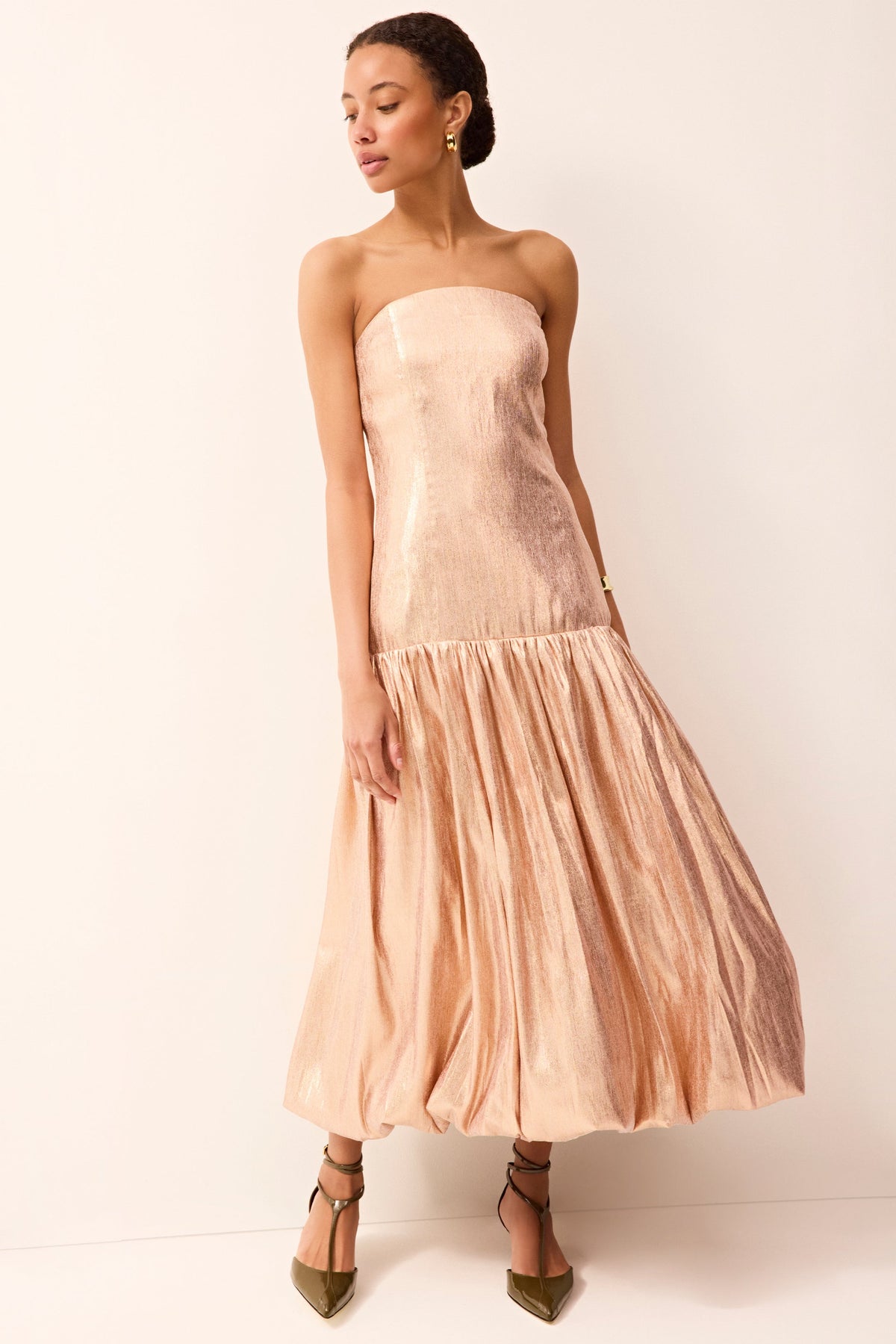 Pink strapless drop waist midi dress with a bubble hem