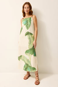Tropical green and white midi dress with side slits 