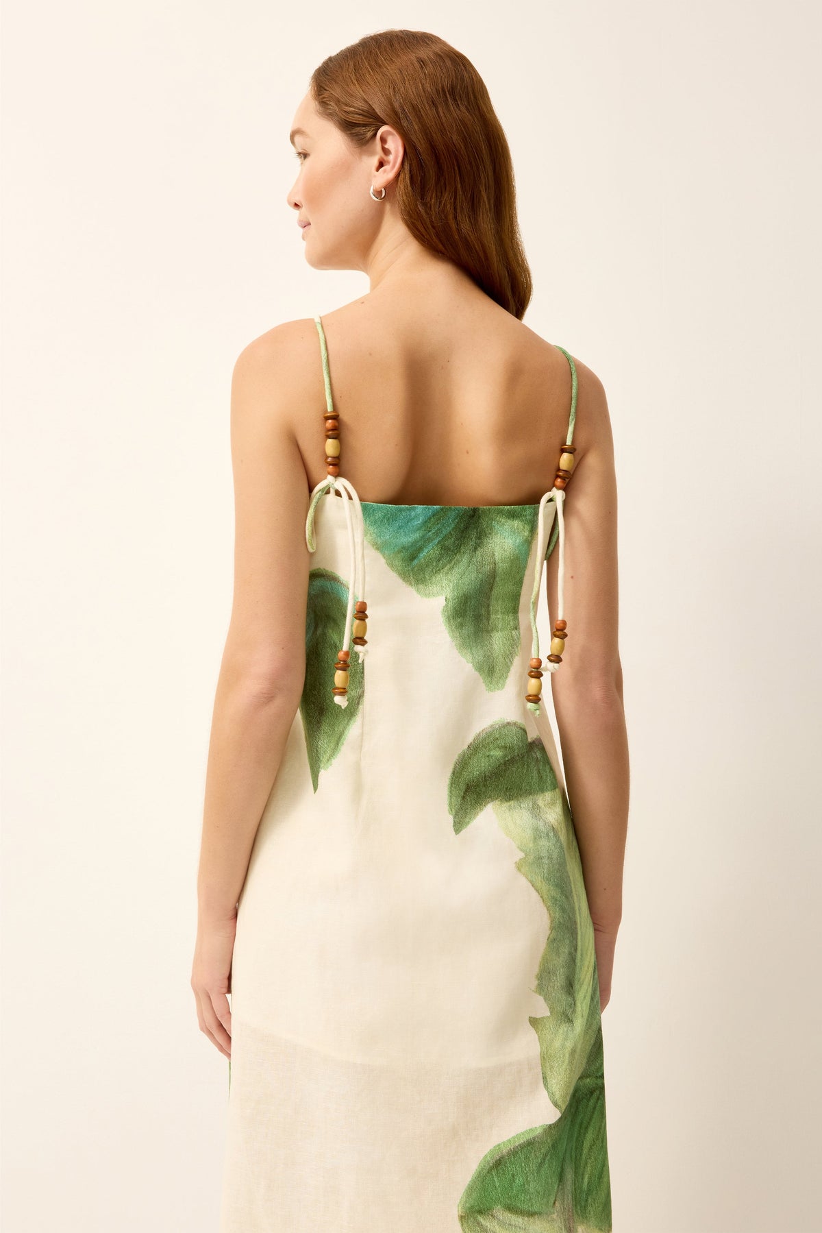 Green and white tropical midi dress with beaded adjustable straps