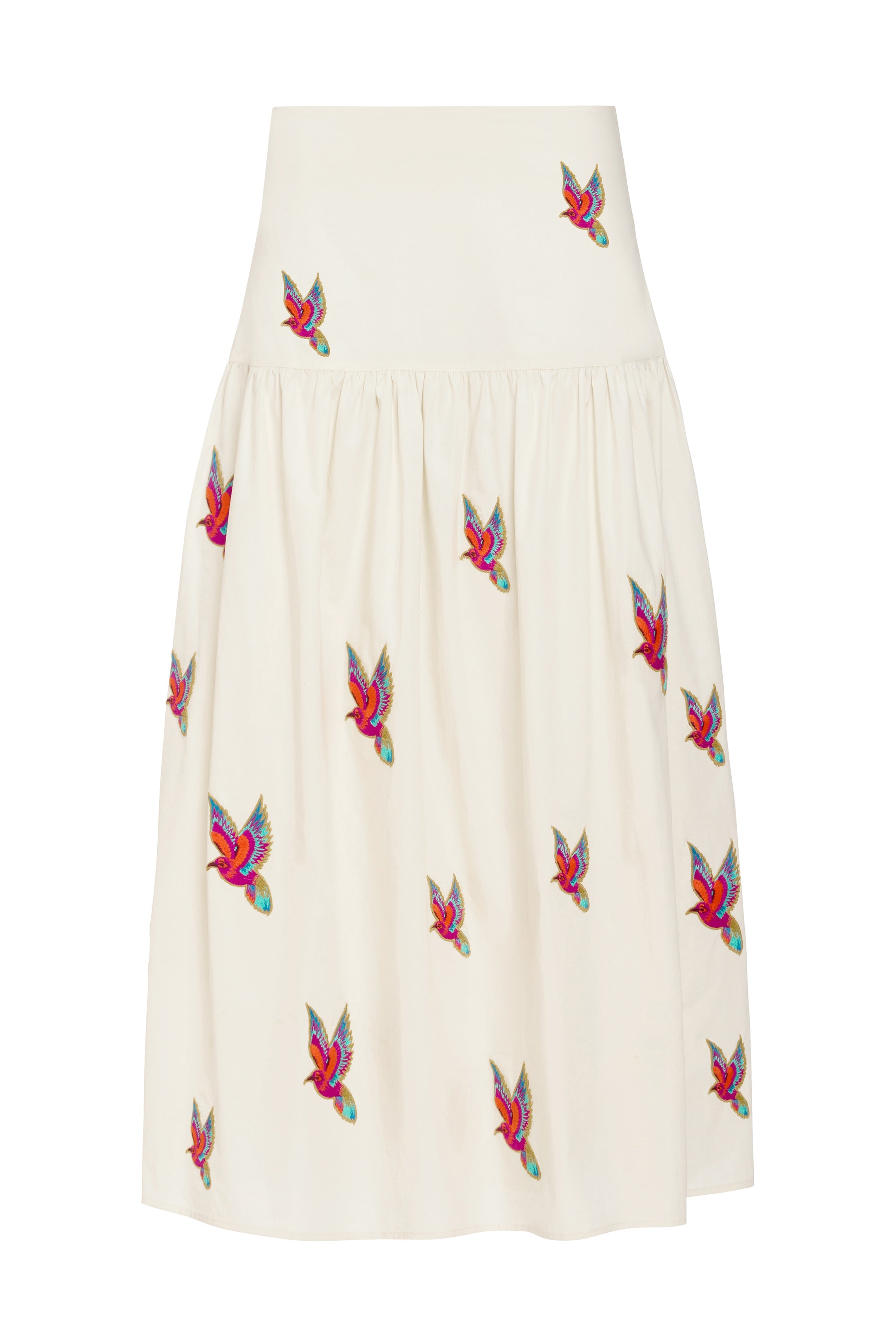 Flowy cotton skirt with bright embroidered bird pattern and structured waistband 