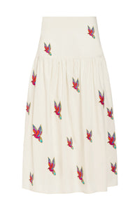 Flowy cotton skirt with bright embroidered bird pattern and structured waistband 