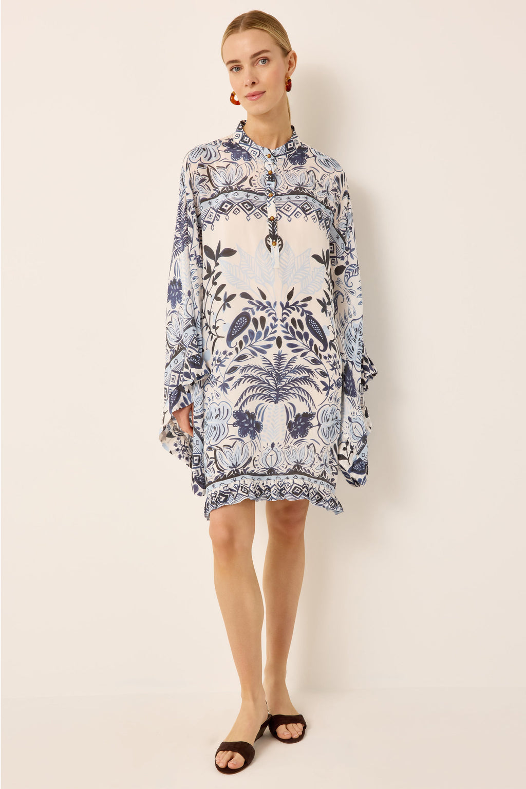 Bell sleeve caftan dress with blue and white tropical print