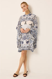 Partial button up blue and white tropical mini caftan dress