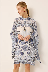 Blue and white printed caftan dress with ruffle trim detailing