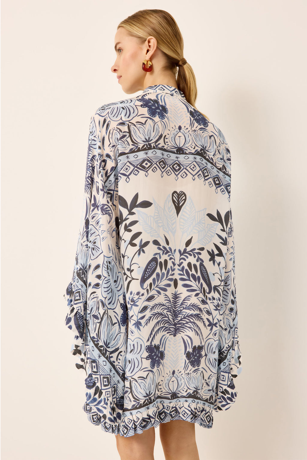 Bell sleeve ruffle detailed blue and white tropical printed caftan mini dress