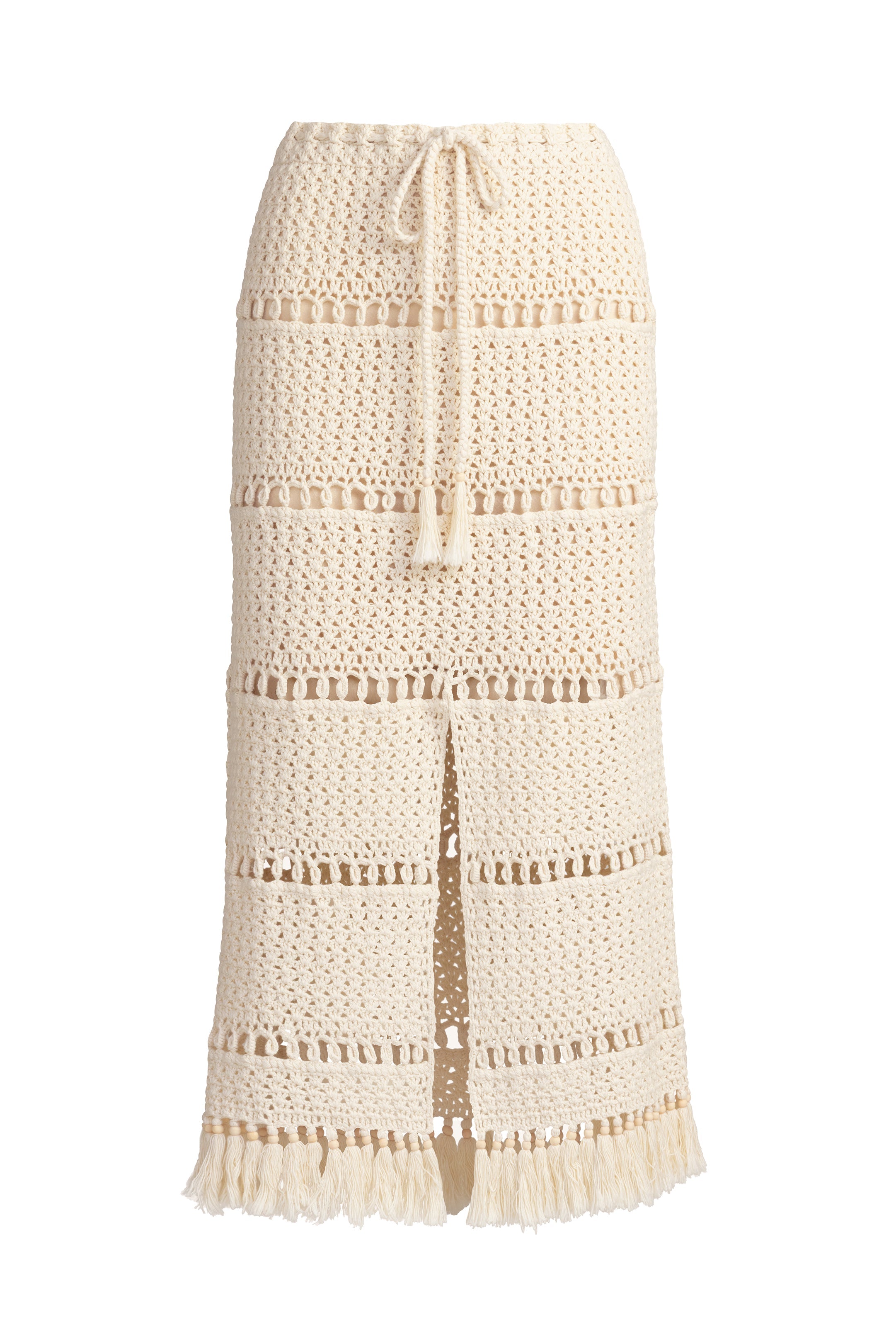 Neutral toned crochet skirt with structured lines, drawstring waist, and tassel hem