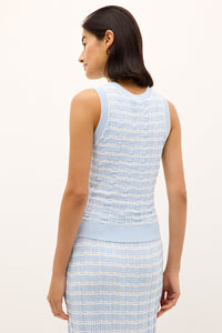 Soft blue and ivory patterned sleeveless top with ribbed hem