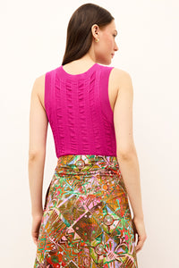 Slim fit knit tank in bold raspberry hue featuring subtle ribbed patterning 