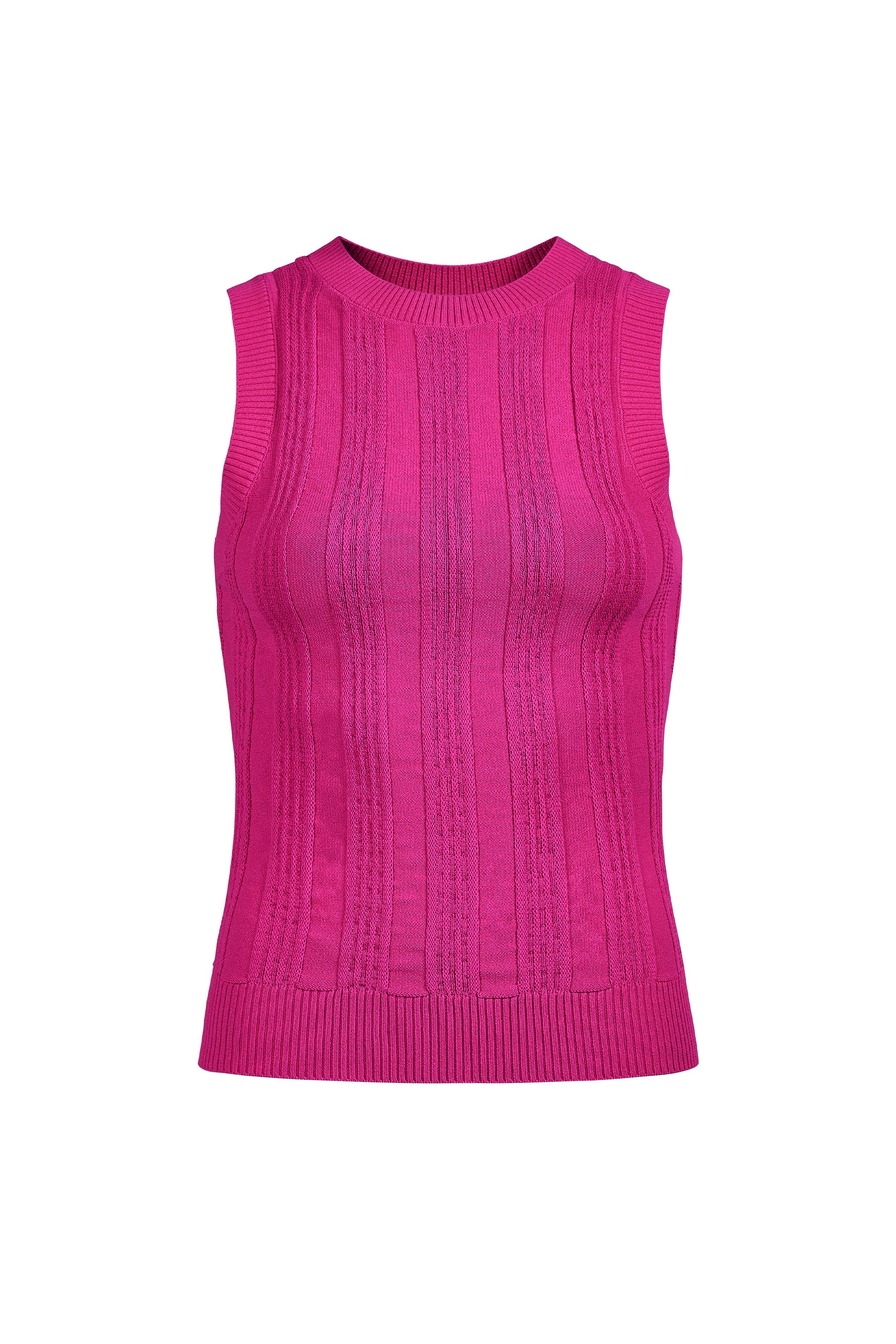 Hot pink knit top with a structured fit, vertical stitched design, and clean neckline 