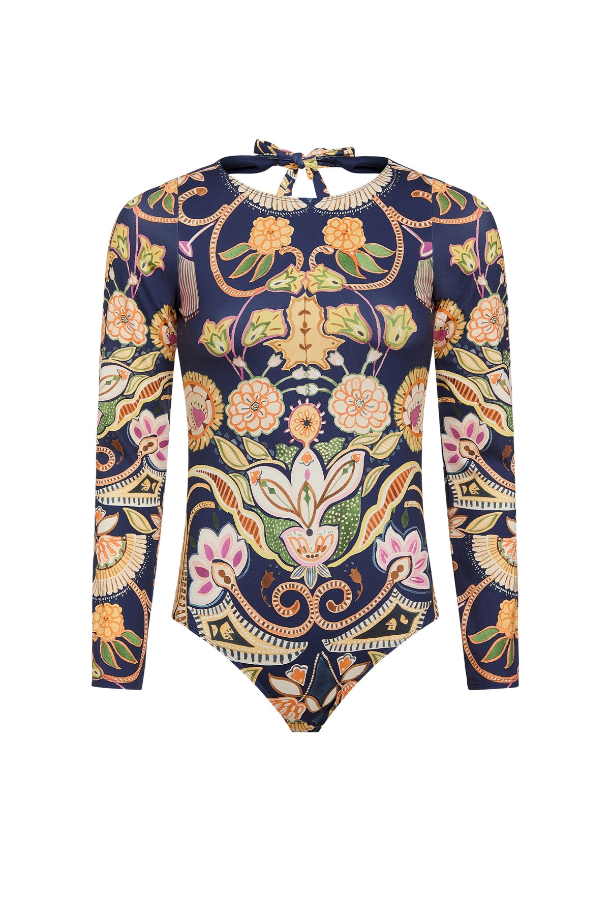 Front view of Robin Rashguard in Neptune showcasing long sleeves, floral placement print, and tie-back keyhole on white background