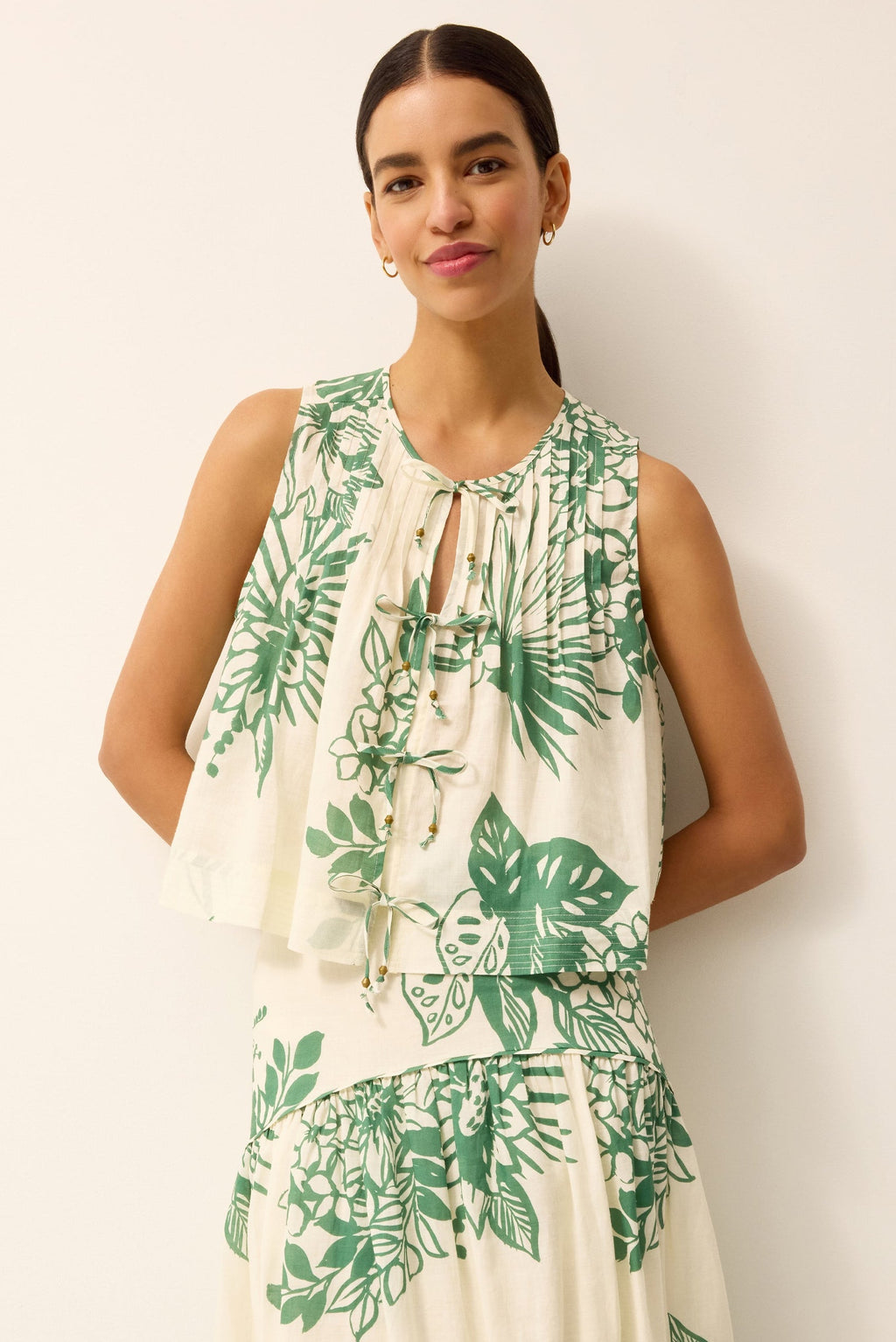Pleated green and white floral printed top